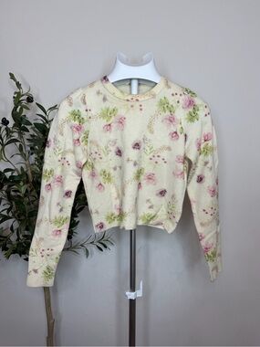 Favorite Daughter Cream Cropped Floral Sweater with Pink & Green Accents
